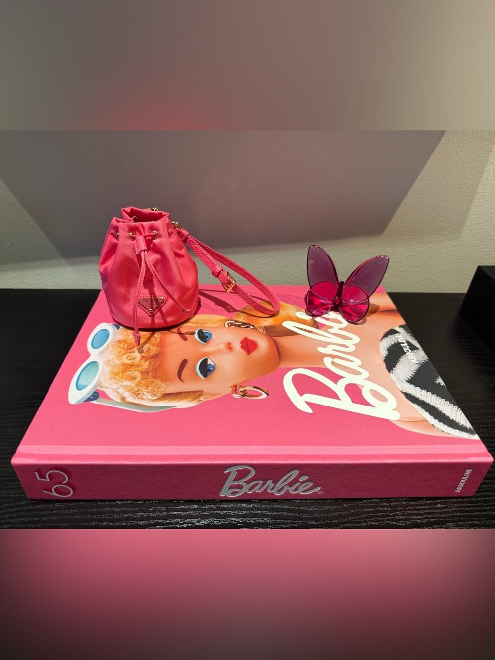 Authentic Prada Mini Re-Nylon Bucket Charm, baccarat butterfly and Barbie book